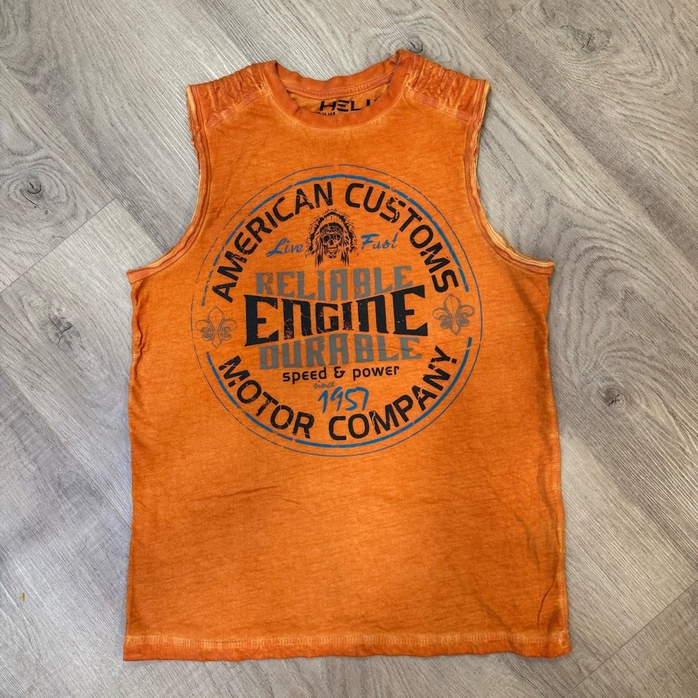 Helix Orange Graphic Tank Top (M) with Cool Textured Shoulder Detail EUC